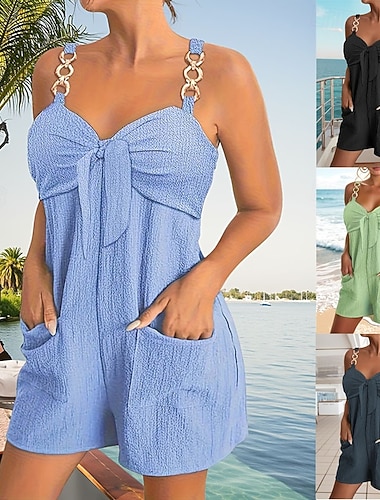  Damen Normal Strampler Aktiv Einfarbig Ärmellos V Ausschnitt Tasche Schleife Täglich Urlaub Normale Passform Schwarz Marineblau Grün Sommer