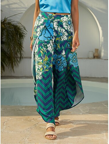  szatén geometrikus virágmintás bő szárú nadrág lezser vakáció