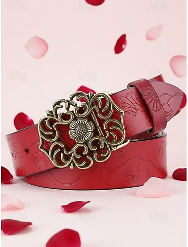  női piros bőr öv vintage virágos faragott csattal – nyugati boho stílusú kiegészítő