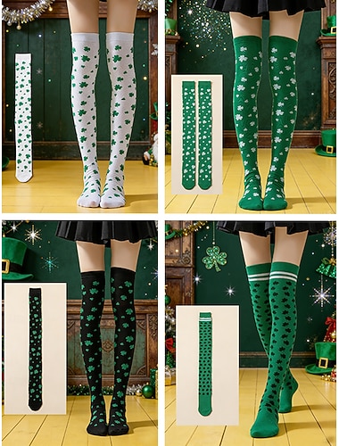  set di calzini lunghi fino al ginocchio per la festa di San Patrizio da donna (confezione da 4) - trifoglio verde &calzini a righe sopra il ginocchio, calzetteria in costume irlandese per feste,