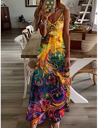  Damen Maxikleid Sommerkleid A Linie Kleid Unterkleid Urlaub Lässig Boho Strand Lässiger Schnitt Grafik Geometrisch Graffiti Ärmellos V Ausschnitt Blau weiß Blau Gelb Rote Sommer Frühling