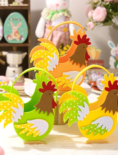  Conjunto de 3 cestos de feltro para guardar doces de Páscoa, com coelhinhos e galos coloridos. Também podem ser usados como sacolas de mão, organizadores ou recipientes para doces, além de serem