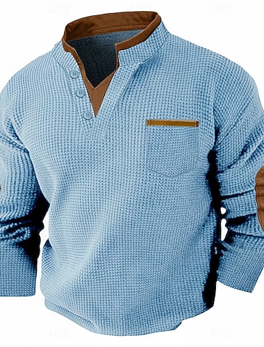  Herren Waffel-T-Shirt Waffel-Henley-Hemd Langarm V Ausschnitt Frühling & Herbst Einfarbig Mode Basic Falscher Zweiteiler Lässig Straße Sport Hellblau Hellgrün Purpur Top T-Shirt für Herren