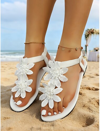 Witte sandalen met kralen voor dames - elegante platte bruidsschoenen voor strandceremonies, bruidsjurken &bruidsmeisjes zomerschoenen voor buitenevenementen aan zee