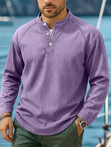  Koszulka SoftFade™ Męska T-shirt Henley Koszulka 100% Bawełna Acid Wash Koszulka Topy Długo Rękawów Henley Wiosna Jesień Gładka Vintage Streetwear Casual Koszulka Barwiona Wyblakły Prana Casual W