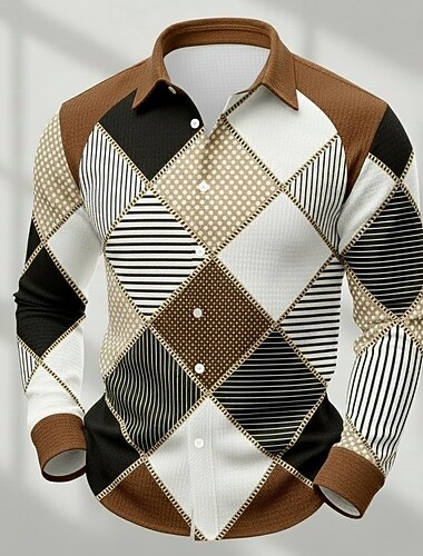  Herr Geometrisk Färgblock Lappverk Skjorta Våffelskjorta Casual skjorta Långärmad Mode Casual Vardag Helgdag Sommar Vår Nedvikt 3D-utskrift Strukturerad Skjortor med knappar Brun Kaki Grå