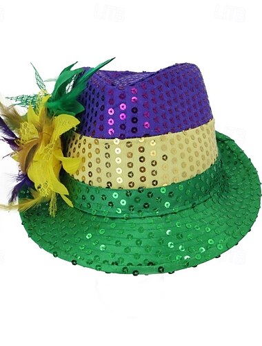 Homme Chapeau de Fête Chapeau à bord sauvage Vert Polyester Paillettes Vacances Mode Fête Extérieur Vêtements de rue Carnaval Fleuri Bloc de Couleur Écran solaire Respirabilité