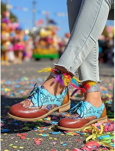  Kvinners Mardi Gras fargerike flerfargede lappebrogue med snøring - Retro kunstnerisk stil karnevalsparader festival kostymer og festfeiringer