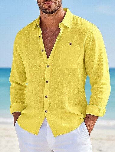  Per uomo Camicia Camicia di lino Camicia Estiva Abbigliamento da spiaggia Camicia con Bottoni Semplice Casuale Vacanza Nero Bianco Giallo Blu marino Manica Lunga Collo ripiegato Estate Primavera