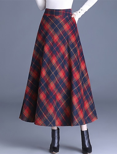  Mulheres Elegante Retro Vintage Longo Cintura Alta Saias Xadrez Bloco de cor Bolsos Longas Micro-Elástica Diário Casual / Diário Preto Vermelho Cáqui Outono 100% Poliéster