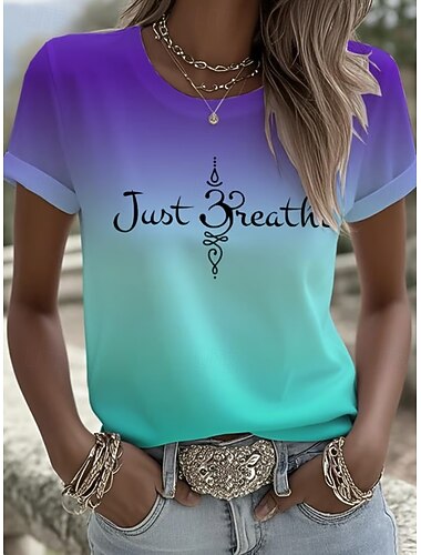  女性用 Tシャツ プリント オンブル’ グラフィック レタード ヴィンテージ スタイリッシュ クラシック 半袖 クルーネック レギュラートップス 日常 週末 ブルー ダスティブルー パープル グリーン 夏 春