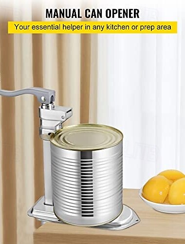  فتاحة علب تجارية، بطول 18.9 بوصة، مصنوعة يدويًا من الفولاذ المقاوم للصدأ للعلب التي يصل ارتفاعها إلى 11.8 بوصة، مثبتة بمشبك أو براغي، ومقبض دوار مريح وشفرة احتياطية