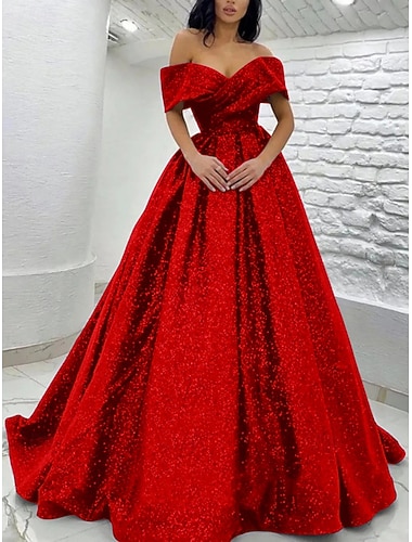  A-Linie Bodenlange Schleppe Abiballkleider Abendkleid Ballkleid Festliche Kleidung Elegant Glitzernd Kurzarm Schulterfrei Schwarze-Krawatte-Gala Paillettenbesetzt mit Glitzer Falten