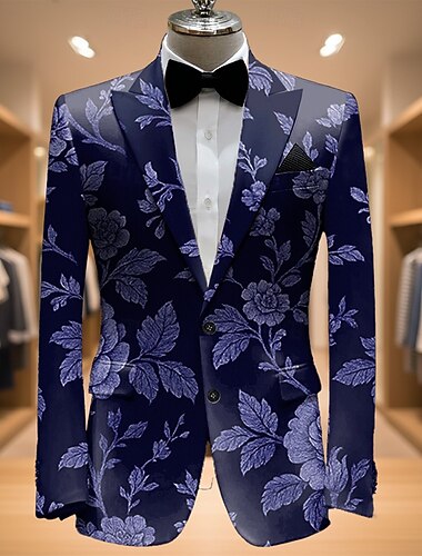  Herre Blomster Blazer jakke Frakke Mode Bekvem Åndbart Kunstnerisk Afslappet Daglig Festaftentøj Afslappet Lomme 3D-udskrivning Knapper Alle årstider Hakrevers Langærmet Blå Brun Grå