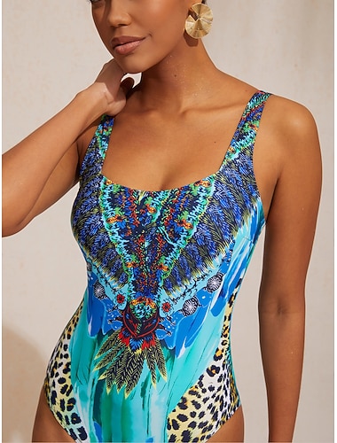  Weiblich Badeanzug Einteiler Bademode Herausnehmbare Polsterung Gerafft Boho Paisley Damast Blau Platz Badeanzüge Druck neu Urlaub Strandbekleidung Strand