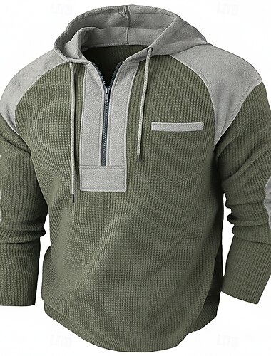  Herren Waffel T-Shirt T Shirt Waffel-Henley-Hemd Herrenhemden mit Ellbogenflicken Langarm Mit Kapuze Zur Seite fahren Halber Reißverschluss Herbst Herbst Winter Einfarbig Farbblock Sportlich