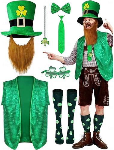 Herren-Kostümset als Kobold zum St. Patrick's Day – grüner Hut, Weste, Bart, Socken und Accessoires für festliche Feierlichkeiten
