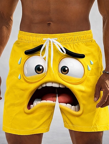  Herren Optische Täuschung 3D Zeichentrick Lächelndes Gesicht Badehosen Badeshorts Boardshorts Mittlere Taille Lustig Hawaiianisch Strandurlaub Seitentaschen Netzfutter Elastischer Kordelzug in der