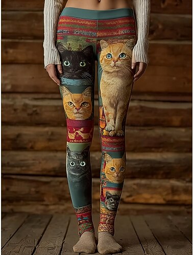  Per donna Leggings Leggings comodi Vacanza Casual Lunghezza intera Vita Alta Grafico Gatto Stampa Comodità Confortevole Alta elasticità Casuale Quotidiano Vacanza Verde Primavera Autunno Vestibilit