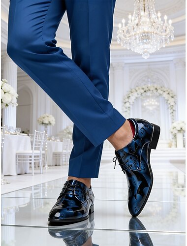  herresko i blått lakkskinn med snøring og slangeskinnsmønster – luksuriøst fottøy for eksklusive arrangementer, fester og bryllup