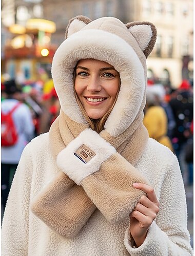  Woman's Faux Fur Hooded Scarf – 2-in-1 Ear Mardi Gras Hat  Scarf Set in Multiple Colors Carnival Winter Cosplay and Costume Parties