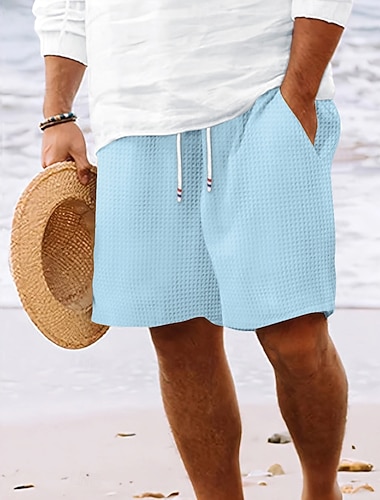  Herren Waffel Shorts Sommershorts Strandshorts Freizeitshorts Kordelzug Elastischer Bund Einfarbig Komfort Knielang Täglich Outdoor Streetwear Urlaub Mode Blau Schwarz Mikroelastisch