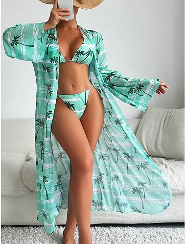  Damen Bikini 3-teilig Badeanzug Palm Cheeky Slim Rückenfrei Urlaub Strandbekleidung Grafik Blätter Halterneck Ärmellose Badeanzüge