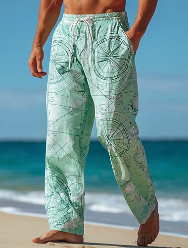  Per uomo Nautico Bussola Barca a vela Pantaloni Pantaloni casual Pantaloni Larghi Misura del girovita medio Vintage Retrò All'aperto Vacanza Abbigliamento mare Coulisse elastica in vita Pantaloni