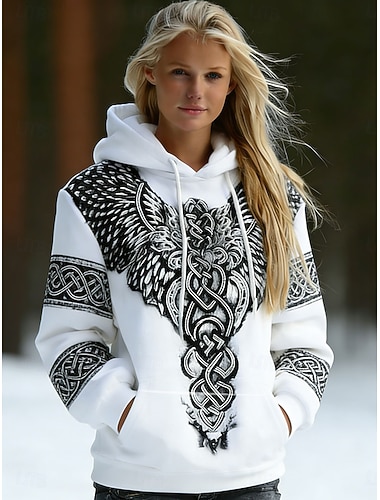  Dame Pullover hettegenser-genser Trykt mønster Lomme foran Grafisk Geometrisk Årgang Fritid Bohem Langermet Med hette Vanlige topper Gate Hverdag Blå Hvit Gul Rød Høst Vinter