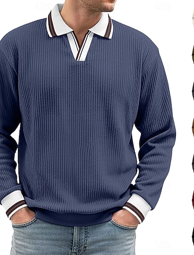  Herren Cordhemd Poloshirts Lässig Geschäft Gerippter Polokragen Langarm Mode Basic Einfarbig Stricken Warm Herbst Winter Ganzjahres Normale Passform Blau Schwarz Grau Burgunderrot Khaki Armeegrün
