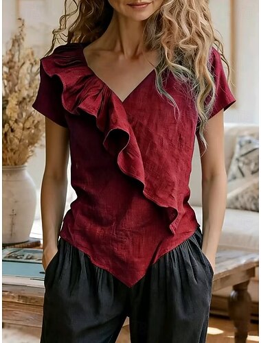  Dames Zomer overhemd Normaal shirt Blouse Ruche Effen Kleur Vintage Stijlvol Korte mouw V-hals Normale tops Dagelijks Feestdagen Uitgaan blauw Zwart Rood Licht Bruin Groen Zomer Lente