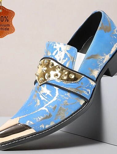  herresko i blå og gullfarget patentert skinn, stilig spenne, elegante pensko for forretninger og arrangementer