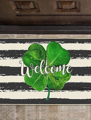  Tapete de porta para o Dia de São Patrício, com desenho de trevo irlandês de quatro folhas, tapete para entrada, tapete festivo de trevo verde para a celebração do Dia de São Patrício.