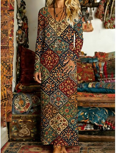  Dámské Dlouhé šaty Maxi šaty Boho šaty Vintage šaty Volnočasové šaty Vinobraní Denní Venkovní Dovolená Běžný Květinový Dlouhý rukáv Do V Fialová Jaro Podzim