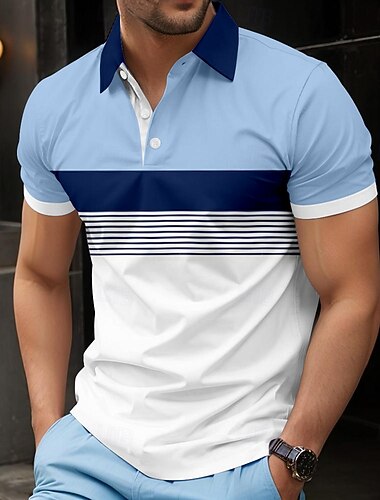  Per uomo A righe Polo Manica Corta Magliette polo Bavero Casual Athleisure Abbigliamento quotidiano Stampa 3D Bottoni Estate Blu Rosa Verde