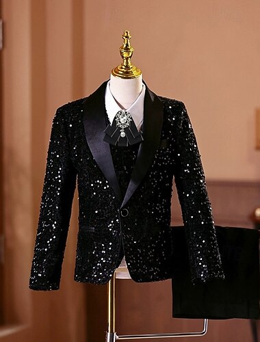  5-teiliger Ringträgeranzug für Jungen und Kinder (Sakko) &Weste & Hose  & Hemd  &Krawatte, Jungenanzug, lässig, für Outdoor-Partys, modisch, cool, Basic, einfarbig, Pailletten, Taschenknöpfe, schwarz,