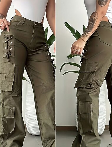  Femmes Pantalons Cargo Chinos Vacances ancien Streetwear Longueur complète Taille moyenne Couleur Unie Multi-poches Confortable Micro-Élastique Quotidien Extérieur Rue Vert Véronèse Kaki Printemps
