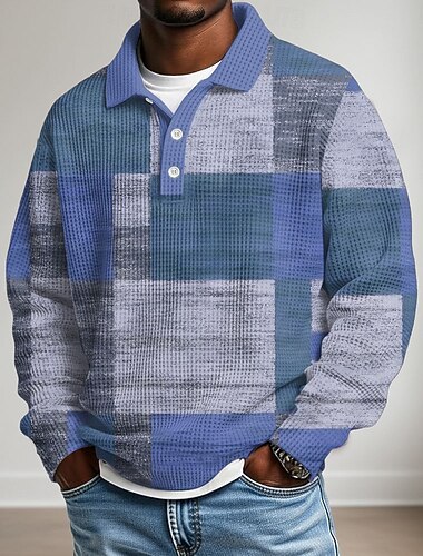  Herre Fargeblokk Vaffel poloskjorter Med Tekstur Langermet Poloskjorter Knaphul Fritid Skole treningsklær Dagligdagstøy 3D-utskrift Høst vinter Blå Oransje Grønn
