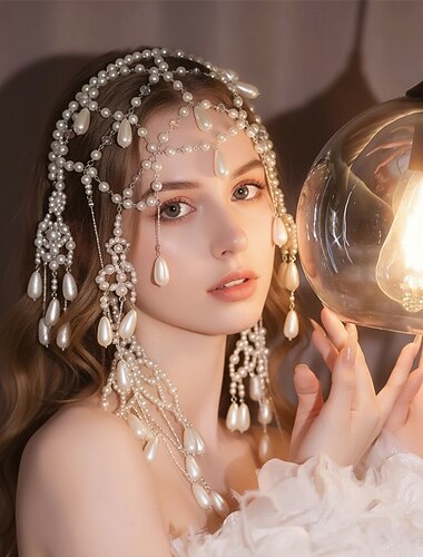  Acessório de Cabeça Dripado com Pérolas da Samba Accessories - Elegante Corrente de Frente de Pérolas Falsas Joias de Cabelo de Casamento Acessório de Cabeça de Princesa de Conto de Fadas Fantasia de