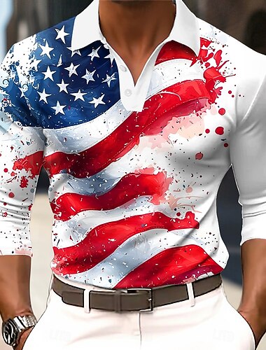 4 juli 2026 250e Voor heren Amerikaanse Amerikaanse vlag Polo Lange mouw Poloshirt Overhemden met kraag Casual Vuosipäivä Alledaagse kleding Festivalkleding 3D-afdrukken Knop Herfst winter Lente