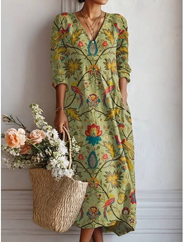  Damen Midi Kleid Leinenähnlich Atmungsaktiv Leicht Sommerkleid A-Linie Kleid Urlaub Lässig Boho Urlaub Reguläre Passform Floral Grafik Farbblock Lange Ärmel V-Ausschnitt Blau Pink Braun Grün Sommer