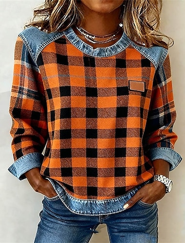  Mulheres Moletom Patchwork Imprimir Xadrez Bloco de cor Tecido Elegante Quente Punk Manga Longa Decote Redondo Tops regulares Casa Trabalho Rua Amarelo Escuro Castanho Claro Laranja Primavera