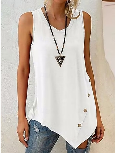  בגדי ריקוד נשים גופיית קמיזה פשתן כותנה דמוי עור כפתורים צבע אחיד יומי מסוגנן בסיסי ללא שרוולים צווארון עגול קצר חולצות ארוכות יומי שחור לבן יין אפור קיץ אביב