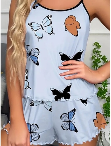  Damen Schlafanzug Set Lässig Komfort Schmetterling Elastischer Bund Shorts Täglich Heim Ärmellos Träger Blau Rosa Beige Sommer Frühling Normale Passform