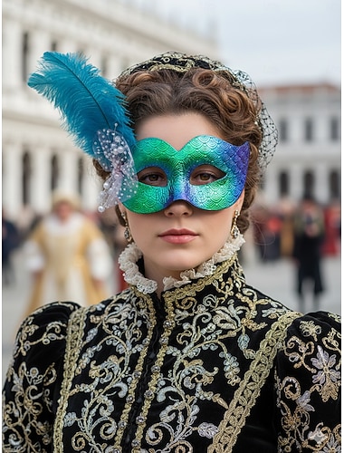  Maschera da ballo in piume metalliche blu-verdi da donna per il Mardi Gras - Accessorio elegante per costume di Carnevale veneziano con design testurizzato per feste e balli
