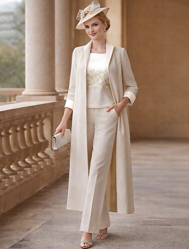  Overall Hosenanzug Dreiteilig Bodenlang Brautmutterkleid Dreiviertelarm Rundausschnitt Elegant Formell Hochzeitsgast Spitze Stretchstoff Mit Schal mit Applikationen