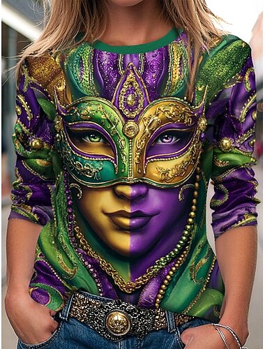  Karneval Kvinnor T Shirt Grafisk Geometrisk Vintage Stilig Modern Långärmad Crew Neck Regulerade Toppar Daglig Helg Tryck Grön Vår Vinter