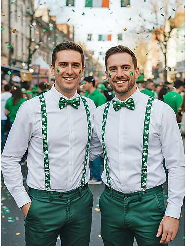  Groene herenbretels en vlinderdas met klavertje vier, gemaakt van polyester, perfect voor St. Patrick's Day, carnaval en dagelijks gebruik.