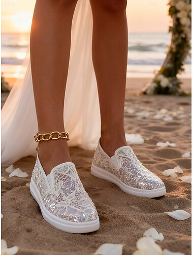  Glinsterende kanten slip-on platform bruidssneakers voor dames, comfortabele glitter bruidsschoenen voor bruiden, perfect voor strandceremonies &huwelijksreiskleding voor aan zee
