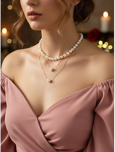  colar de pérolas em camadas elegante para mulheres – corrente de ouro com pérolas brancas simuladas, joias vintage clássicas para casamentos, festas e eventos formais